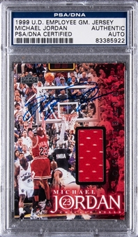 1999 UD Employee Game Michael Jordan Signed Game Used Jersey Patch Card (#077/275) - PSA/DNA Certified - Quite Possibly the Only Signed Example in the Hobby!